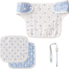 抱っこ紐用よだれカバー 6重ガーゼ 綿100% (ブルードッド柄 胸当て付き 3枚セット)