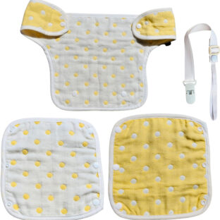 抱っこ紐用よだれカバー 6重ガーゼ 綿100% (イエロードット柄胸当て付3枚セット)…