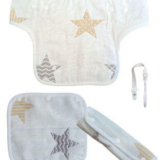 抱っこ紐用よだれカバー 6重ガーゼ 綿100% (ブラウンミックス星柄胸当て付3枚セット）