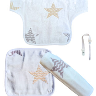 抱っこ紐用よだれカバー 6重ガーゼ 綿100% (ベージュミックス星柄胸当て付3枚セット)…