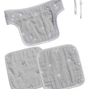 抱っこ紐用よだれカバー 6重ガーゼ 綿100% (グレー星 柄胸当て付き3枚セット)…