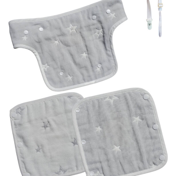 抱っこ紐用よだれカバー 6重ガーゼ 綿100% (グレー星 柄胸当て付き3枚セット)…